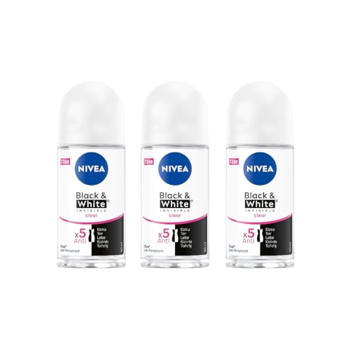 NIVEA Women Black & White Invisible Clear Roll-On Antiperspirant Deodorant 50ml – 72 Hour Sweat and Odor Protection, No White Marks, Alcohol-Free, Fresh Scent, Underarm Care, Pack Of 3