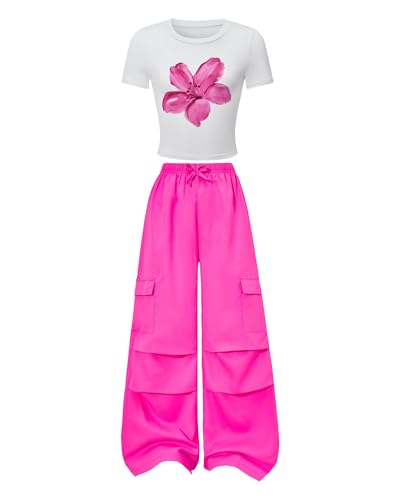 Image of Betusline Girls 2 Piece Outfits Short Sleeve Crop Top & Parachute Cargo Pants Set,4T-14 Years