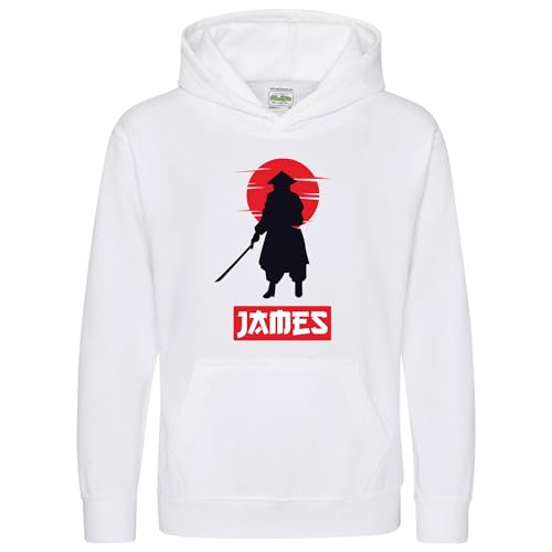 Image of Purple Print House Personalised Samurai Hoodie Kids Customised Name Japanese Warrior Silhouette Hooded Top Boys Girls, 3-4 Years, White