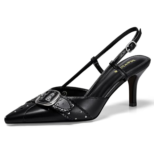 MAVMAX Slingback Heels for Women Studded Pointed Toe Kitten Heels Pumps Buckle Stiletto Backless Heeled Sandals Wedding Party Dress Shoes