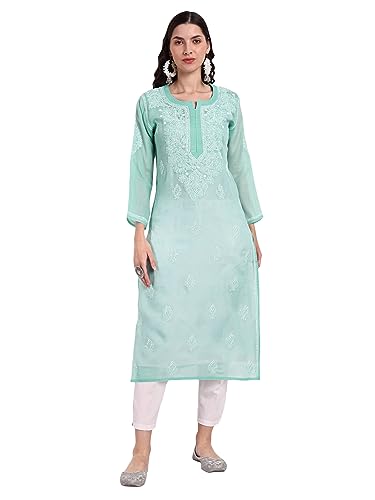 Image of Seva Chikan Hand Embroidered Lucknowi Chikankari Cotton Kurta Kurti for Women SCL4302