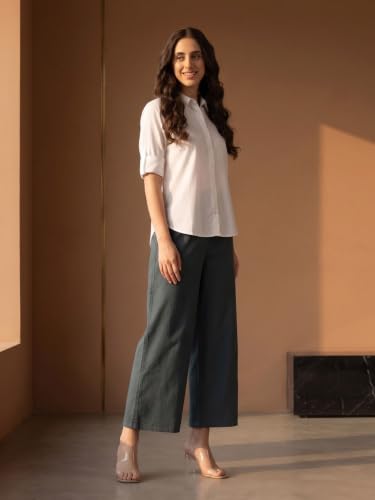 Image of SAADAA Women's Relaxed Fit Mid Rise Airy Linen Wide Leg Pants, High Waist Trousers for Formal, Casual & Office Wear