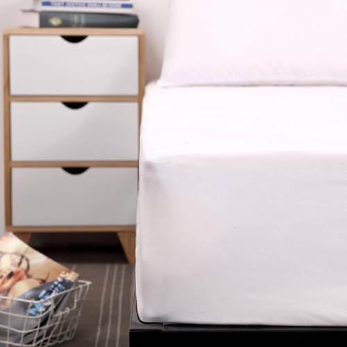 Drap housse 120x200cm blanc uni en polyester lavable bonnet 25cm