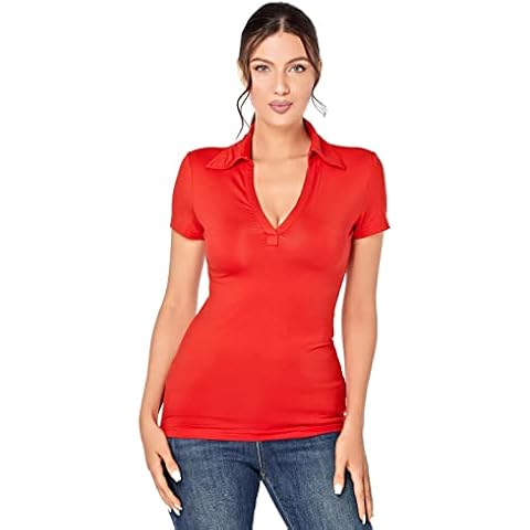 J.Corrine Poloshirt Damen Oberteile Sommer Elegant Sexy Tiefer V-Ausschnitt Kurzarm Bluse T Shirt Rot XL Cover