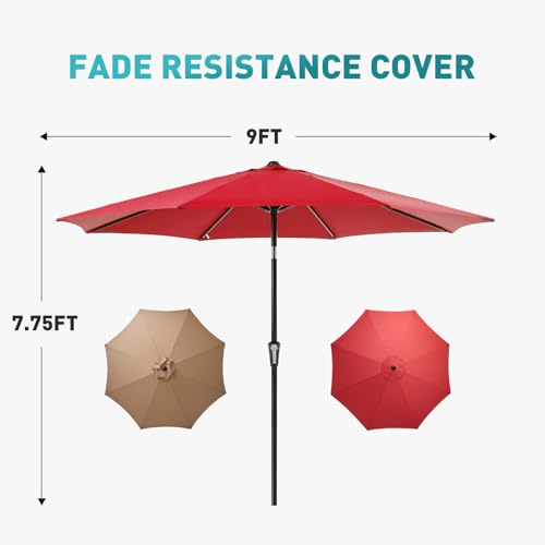 Image of OLIXIS 9FT Patio Table Umbrella with Tilt and Crank Button & 8 Sturdy Ribs Waterproof, 9 Feet Outdoor Patio Umbrella Sun Shade for Pool, Terrace, Beach and Restaurant, Red