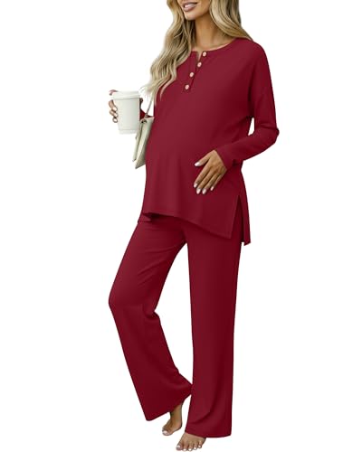 Yearntown Women's Maternity Pajamas Sets, Long Sleeve Pregnancy Postpartum Delivery Lounge Nursing Pjs with Pockets Pjs(Wine Red,XX-Large)