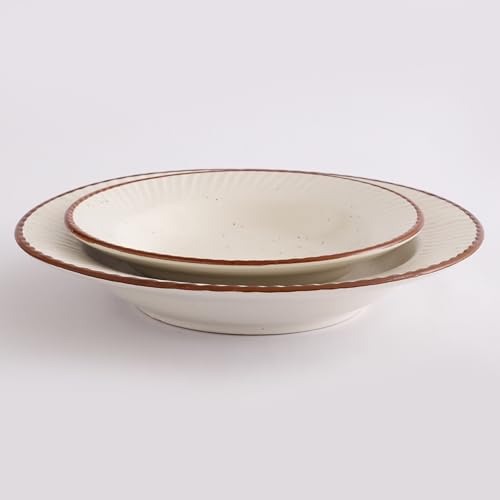Image of miah decor Off-White Ceramic Pasta Bowls Set of 2 (Large & Medium) with Brown Rim | Stackable, Microwave & Dishwasher Safe | Stoneware Serving Bowls for Pasta, Salad, Soup, Ramen (Style 11)