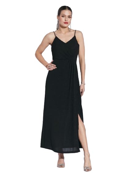 Latin Quarters Women Straight Black Strap V-Neck Solid Party Dress-picture-13
