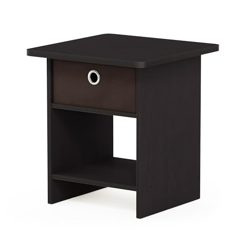 Image of Furinno Dario End Table / Side Table / Night Stand / Bedside Table with Bin Drawer, 1-Pack, Dark Walnut | 1x Storage Bin, Round Corner Night Stand with Open Back Shelf, Bedside Table, for Living Room, Bedroom