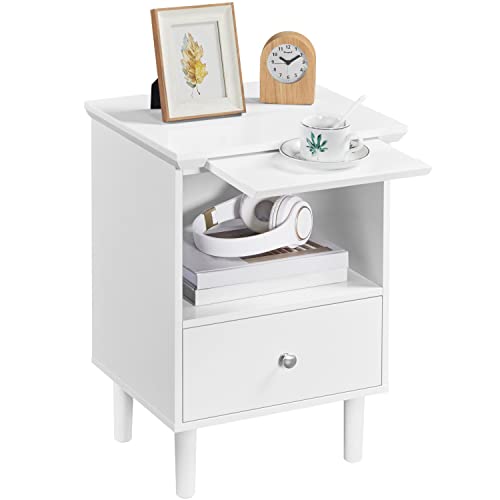 Yaheetech Mesita de Noche con Cajón y Bandeja Extraíble Mesilla de Noche de Moderno para Dormitorio Mesita Auxiliar de Pata Madera Pino Blanco 40×35×56cm