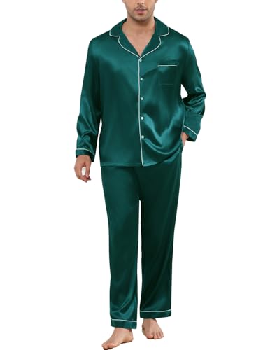Image of Veseacky Mens Silk Satin Pajamas Set Short Sleeve Sleepwear Button-Down Pjs Sets Two-Pieces Loungewear with Pockets S-XXL