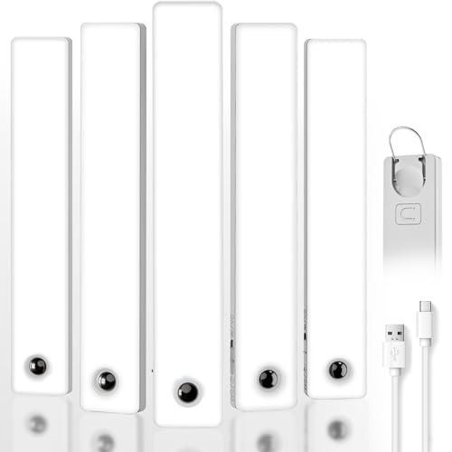 Under Cabinet Lighting, Rechargeable Motion Sensor Light Indoor, 102 LED Under Counter Closet Lights Wireless,Magnetic Night Lights with Hooks, for Kitchen,Wardrobe,Stairs, 5-Pack, Cool White