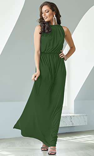 Image of KOH KOH Plus Size Womens Long Sleeveless Bridesmaid Halter Neck Wedding Party Guest Flowy Slimming Semi Formal Elegant Gala Ball Evening A-line Tall Gown Maxi Dress, Olive Green 3XL 22-24