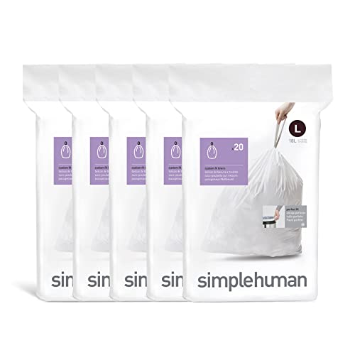 Image of simplehuman Code L 100 Count, Dispenser Pack Custom Fit Liners, Drawstring Trash Bags, 18 Liter / 4.7 Gallon, White