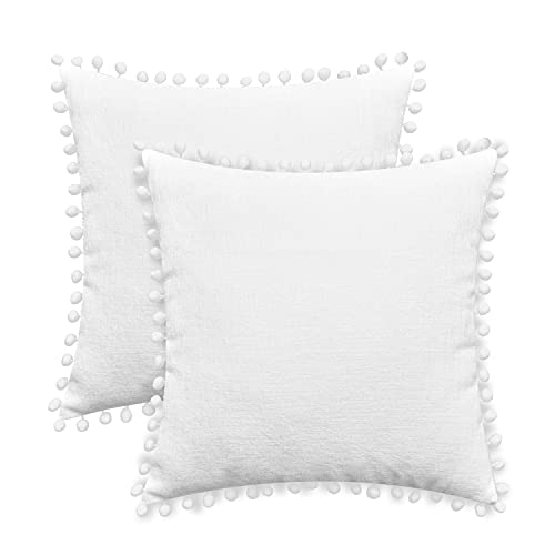 CaliTime Throw Pillow Cases Pack of 2 Cozy Solid Dyed Soft Chenille Cushion Covers with Pom Poms for Couch Sofa Home Decoration 55cm x 55cm True White