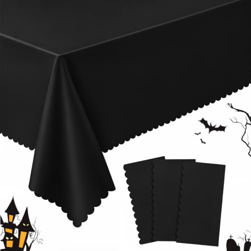 Image of NatNarr 3 Pack Black Tablecloth Plastic, Scalloped Halloween Table Cloths