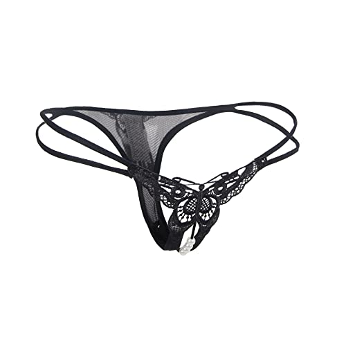 [ohyeahlady] tバック レディース セクシー 過激 パール飾り 女性用 パンティー 可愛い 下着 穴あき ショーツ エロい ランジェリー シースルー 蝶 美尻 パンツ 黒 極小のサムネイル