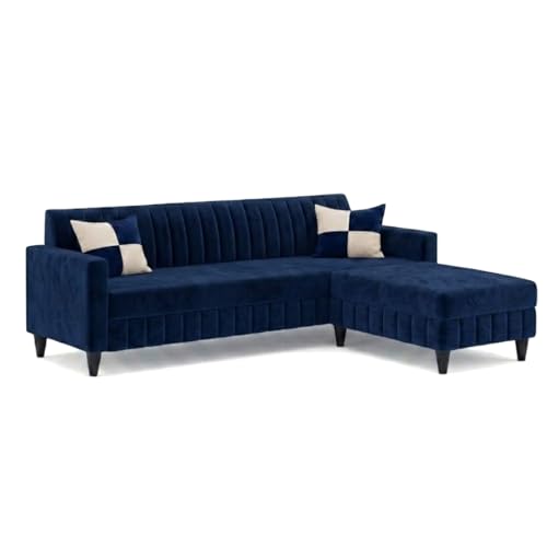 Image of FURNY Gracina 5 Seater L Shape Sofa Set with Movable Ottoman | Flexible Left or Right Layout | Plush Velvet Fabric (Dark Blue) | Perfect for Living Room, Guest Room & Office