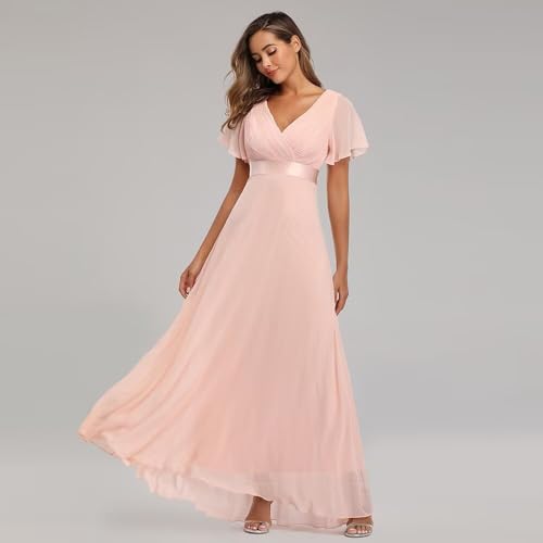 Long Chiffon Evening Gowns A-Line Empire Waist Formal Dress with Flutter Sleeves FBALN012