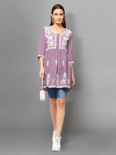 Image of Winza Designer Rayon Chikankari Embroidered Short Kurti | Plus Size Kurta Tunic Top