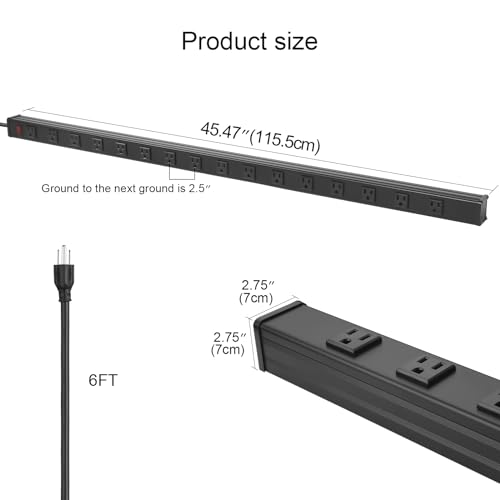 Heavy Duty Power Strip - 16 Outlet Industrial Metal Strip, 6FT Cord, 15A, 125V, 1875W (Black) - Thumbnail 2