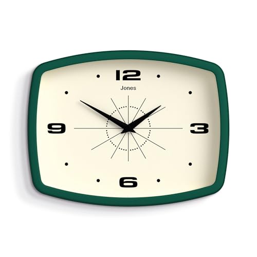 JONES CLOCKS® Movie Horloge Murale | Horloge rétro rectangulaire | 25cm | Vert foncé | Style Design Cool des années 50 pour la Cuisine, Le Salon ou Le Bureau