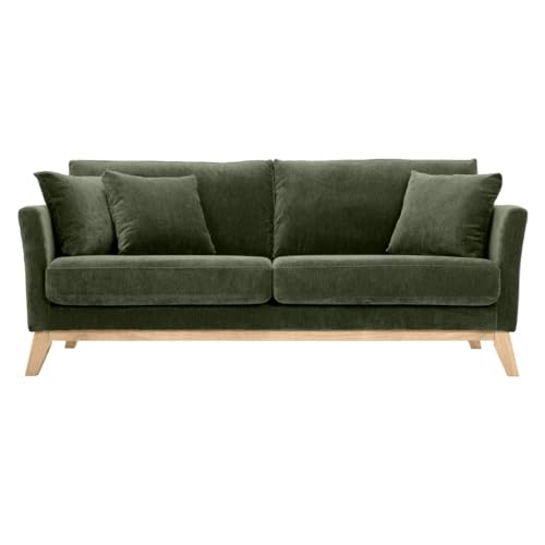 Miliboo Canapé scandinave déhoussable 3 Places en Tissu Effet Velours Vert Kaki et Bois Clair Oslo
