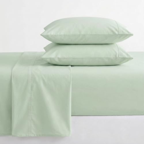 Image of Martha Stewart - Twin Size Sheets Set, Crisp & Tailored Cooling Sheets w /a Naturally Smooth Cotton Percale Lightweight Feel - Bed Sheets with Matching Pillowcase & Fitted Sheet (Skylands Solid Green)