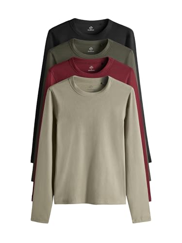 Photo de THE SET Femme T-Shirt côtelé à Manches Longues, Lot de 4 Black/Berry/Khaki/Neutral S