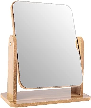 LOTIKO Natural Wooden Vanity Makeup Mirror,7 Inch Single Sided 360 Degree Swivel Mirror,Portable Removable Countertop Private Room High-Definition Desk Mirror(Square)