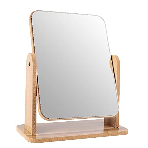 Lotiko Natural Wooden Vanity Makeup Mirror,7 Inch Single Sided 360 Degree Swivel Mirror,Portable Removable Countertop Private Room High-Definition Desk Mirror(Square) #TOP2