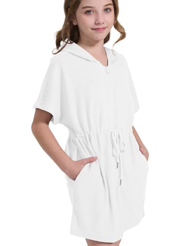 Girls Swim Terry Cloth Cover Ups Kids Swimsuit Coverup Zip-Up Beach Bathing Suit Wraps with Pockets 5-14 Years4