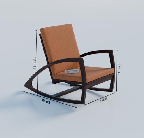 Image of Jangid Handicraft Solid Sheesham Wooden Rocking Chair for Living Room | Lounge Chair for Bedroom | Contemporary Swing Arm Chair for Balcony | Modern Arm /Sofa Chair | Orange Cushion & Walnut Finish