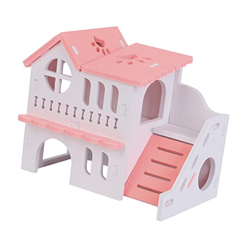 Hohopeti 二重ハムスター別荘 ハムスターハウスと ハムスターの皮 ネズミのバスケット 二層の隠れ家 遊ぶ hamster toys のそみ 木造の別荘 ペット休憩所 ペット用品 木製 ピンク