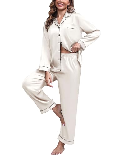 Image of UMBY Silk Satin Pajamas for Women Set 2 Piece Silk Pjs Long Sleeve Top Cozy Sleepwear Silky Pajamas