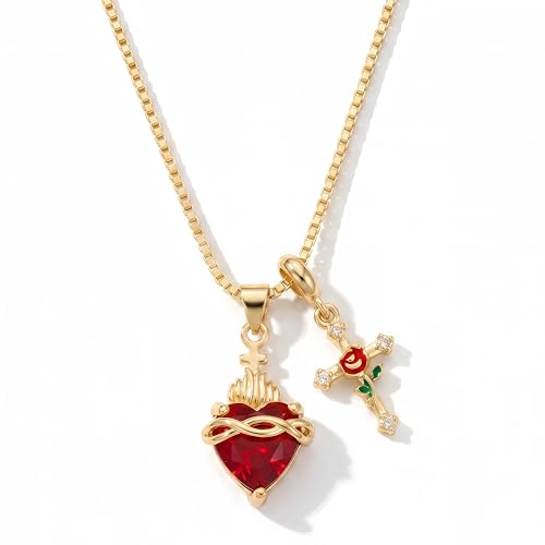 LisiZen 14K Gold Plated Sacred Heart Necklace for Women, Cross Pendant Necklace with Red Heart Charm, Faith Religious Jewelry