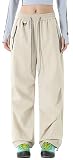 SEAUR Women's Hiking Cargo Parachute Pants Quick Dry Lightweight Baggy Loose with Zipper Pockets Drawstring Ankle Cuffs Water Resistant for Camping Trekking Khaki XL