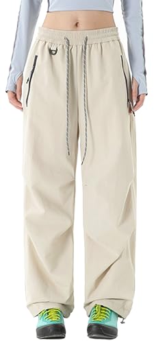 Image of SEAUR Baggy Cargo Pants Women Parachute Hiking Pants Quick Dry Lightweight with Zipper Pockets Drawstring Cuffs Water Resistant for Hiking Khaki L