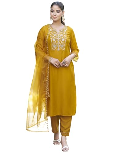 Image of SKYLEE Silk Blend Embroidery Straight Kurta Set with Dupatta