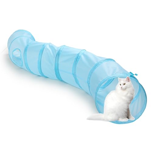 TJT 猫トンネル 猫 おもちゃ トンネル 120cm可水洗いS形長い２穴付き 折りたたみ式 キャットトンネル 収納便利 猫の遊び場、運動不足解消、ストレス発散 (ブルーS, S)