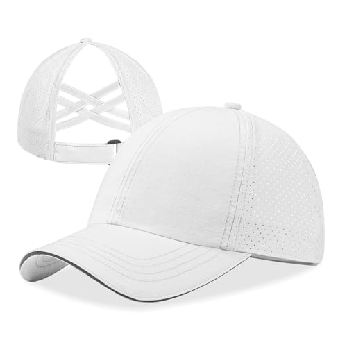 Ponytail Hat for Girls, Criss Cross Baseball Cap with Reflective Brim, Quick Dry Sports Hats for 7-12 Years