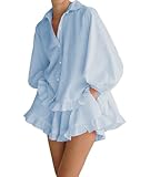 Xfileen Women Ruffle 2 Piece Sets Long Sleeve Button Down Shirts and Shorts Fashion Stripe Sweatsuit Sets