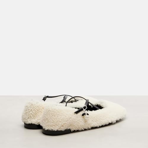 Women's Shearling Ballet Flats Winter Comfortable Slippers with X-Strap Buckle Round Toe Mary Jane Shoes2