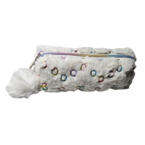 Estojo Escolar Pelúcia Branco Glitter Flor Zíper Pompom Fofo Kawaii Organizador Maquiagem Delicado