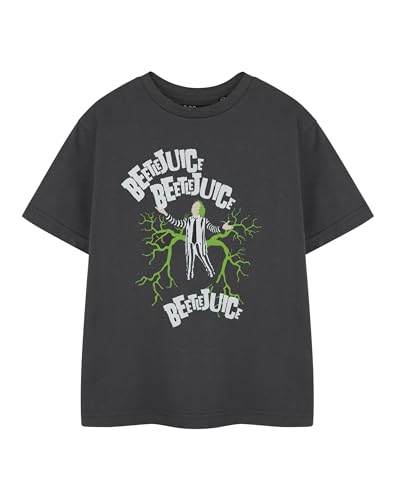 BEETLEJUICE Unisex Kids Grey Graphic Tee | Short Sleeved T-Shirt for Children Movie Merchandise | Tim Burton Retro Apparel | Ghostly Grey Kids Top | Halloween Shirt for Boys and Girls