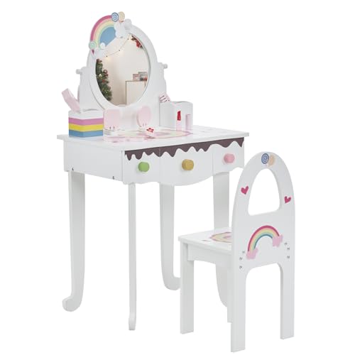 Image of Princess Vanity Table with Lights,Princess Makeup Vanity Desk with Storage Drawer, 2 in 1 Vanity Table & Chair Set with Mirror for Girls (Style 2-White)
