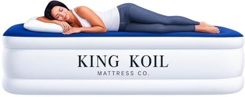 Image of King Koil Air Mattress Queen with Built-in Pump, Inflatable Blow Up Bed | 1-Yr Warranty, patented coil-beam support, flocked waterproof top, inflates in 90 sec, puncture-resistant PVC, 600lb capacity