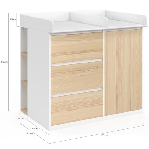 Commode à langer évolutive AMBRE façon hêtre et 3 tiroirs 1 panier à linge table à langer et 2 étagères amovibles - vue 6