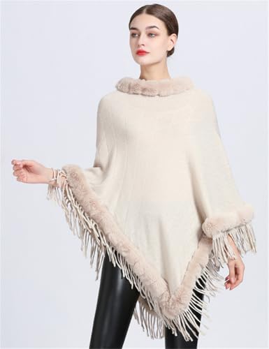 Women's Retro Knitted Shawl Wraps Trendy Tassel Pullover Poncho Cape Faux Fur Trim Sweater Coat Oversized Cloak4