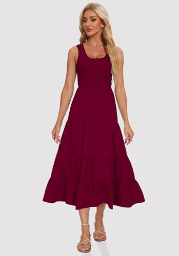 Image of Women's Summer Smocked Maxi Dresses Sleeveless U Neck Ruffle Hem Tiered A Line Flowy Dress